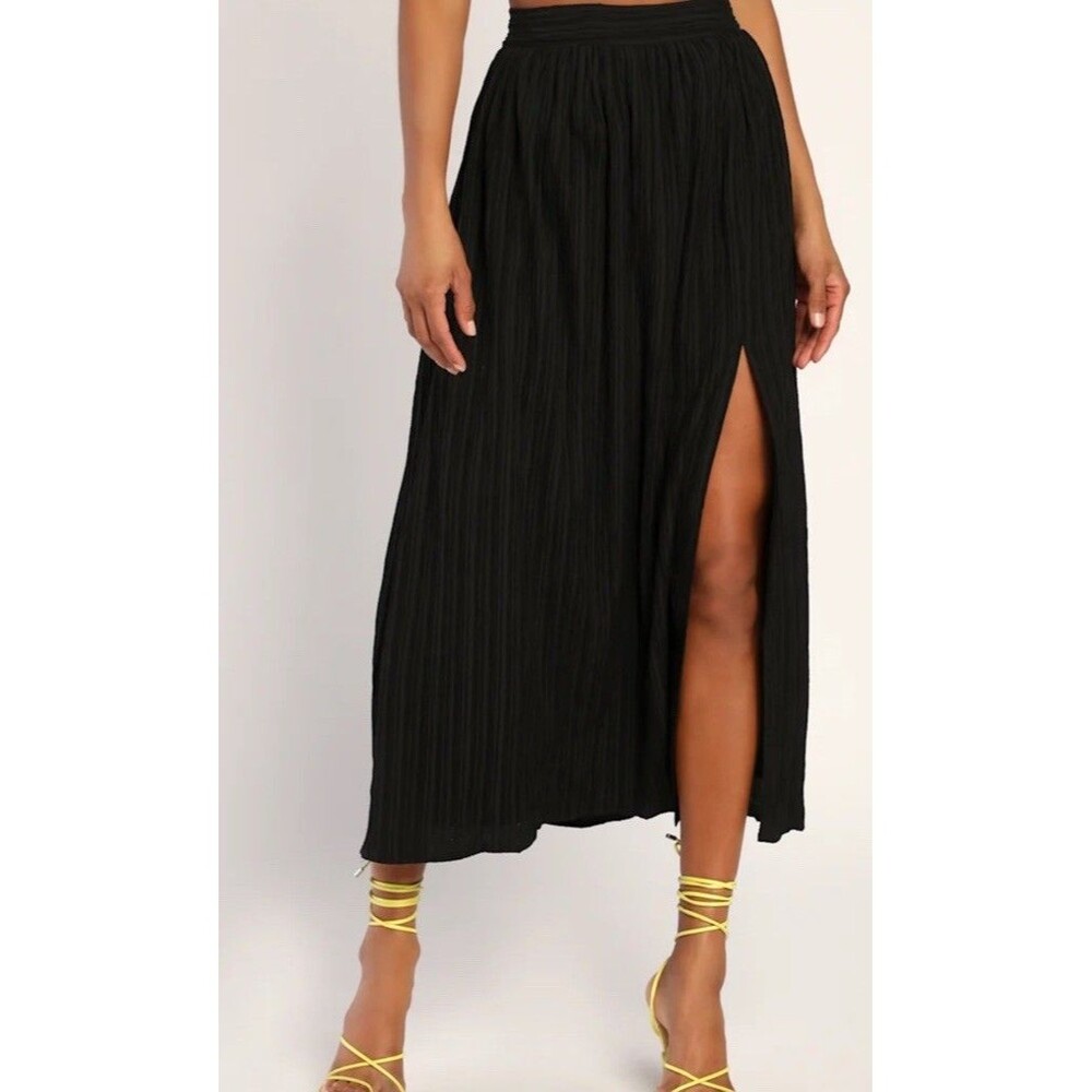 Lulus Midsummer Memories Black Mid-Rise Pleated Maxi Skirt Medium New